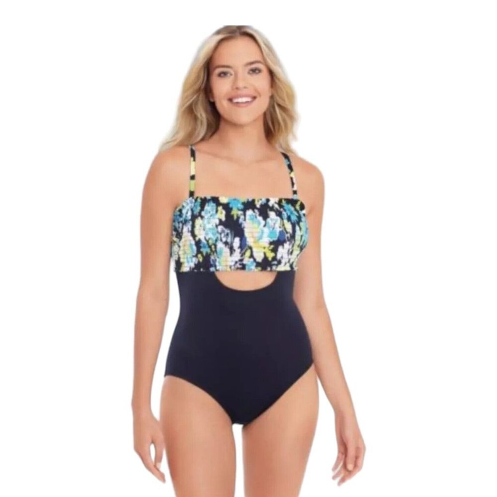 Beach Betty Miracle Brand One Piece Swimsuit Size Medium Cut-Out Smock Tie Back‎